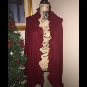 🧣Crimson/ Burgundy Ruffle wrap with fur Pom Poms